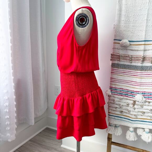 Amanda Uprichard Chantal Red Sleeveless Tiered Smocked Mini Dress Size Medium - Picture 3 of 10